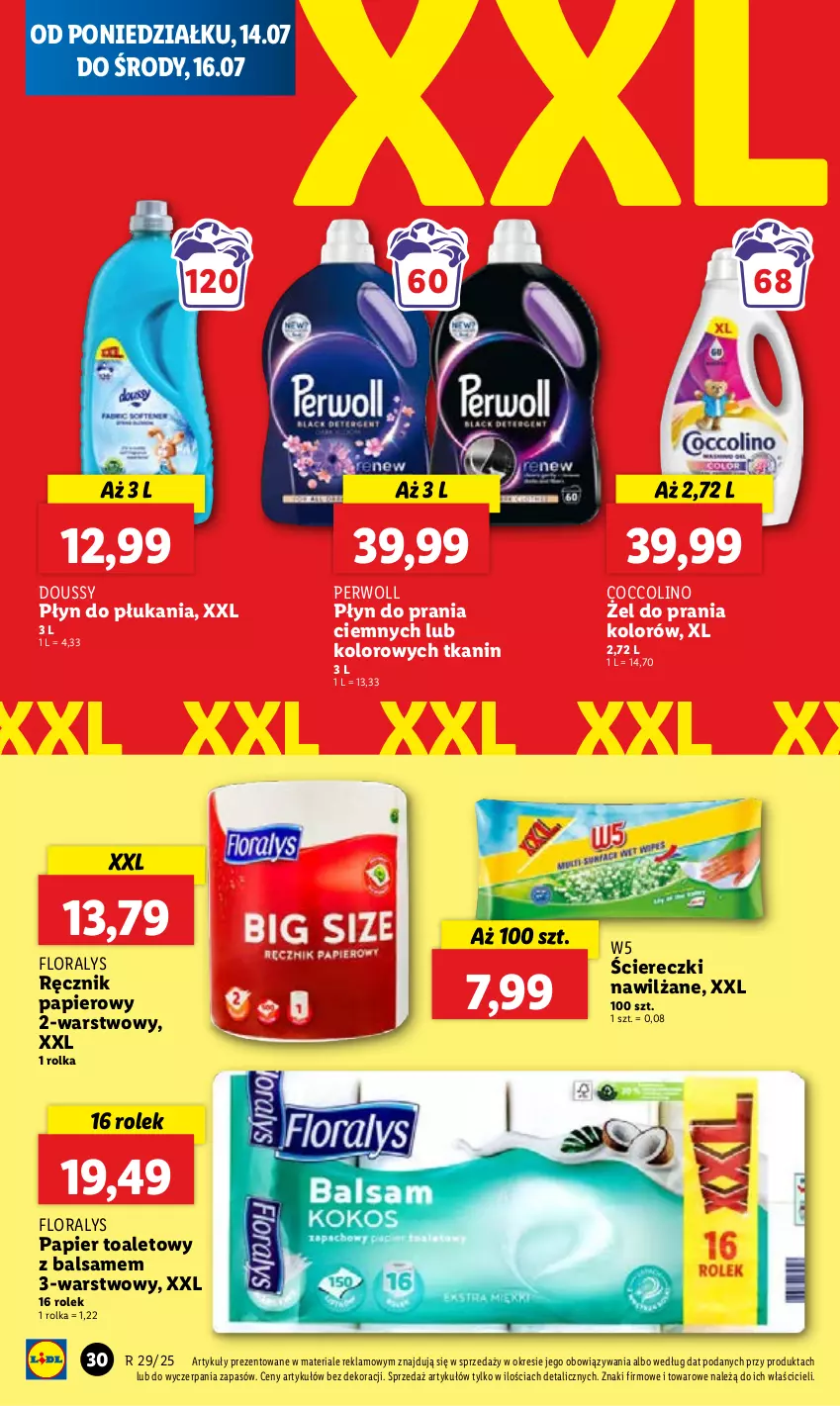 Gazetka promocyjna Lidl - GAZETKA - ważna 14.07 do 16.07.2025 - strona 34 - produkty: Coccolino, Flora, Papier, Papier toaletowy, Perwoll, Płyn do płukania, Płyn do prania, Ręcznik