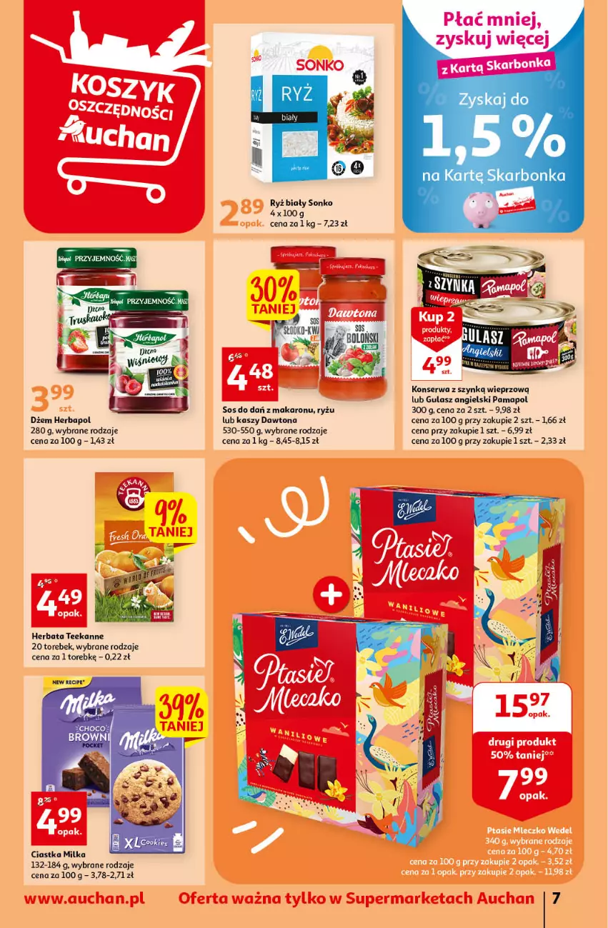 Gazetka promocyjna Auchan - Gazetka Oferty tygodnia Supermarket Auchan - ważna 01.06 do 07.06.2023 - strona 7 - produkty: Ciastka, Dawtona, Dżem, Herbapol, Herbata, Makaron, Milka, Ryż, Ryż biały, Ser, Sonko, Sos, Teekanne