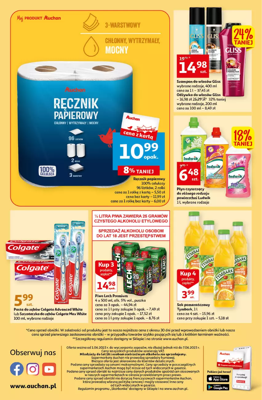 Gazetka promocyjna Auchan - Gazetka Oferty tygodnia Supermarket Auchan - ważna 01.06 do 07.06.2023 - strona 8 - produkty: Colgate, Gra, Lech Premium, LG, Ludwik, O nas, Odżywka, Papier, Pasta do zębów, Piwa, Piwo, Ręcznik, Rolki, Ser, Sok, Sok pomarańczowy, Szampon, Szczoteczka, Szczoteczka do zębów, Tera, Tymbark
