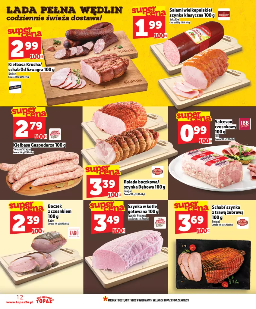 Gazetka promocyjna Topaz - Gazetka - ważna 16.04 do 22.04.2026 - strona 12 - produkty: Boczek, Gra, Kiełbasa, Kiełbasa krucha, Krakus, Pekpol, Rolada, Salami, Szynka, Top