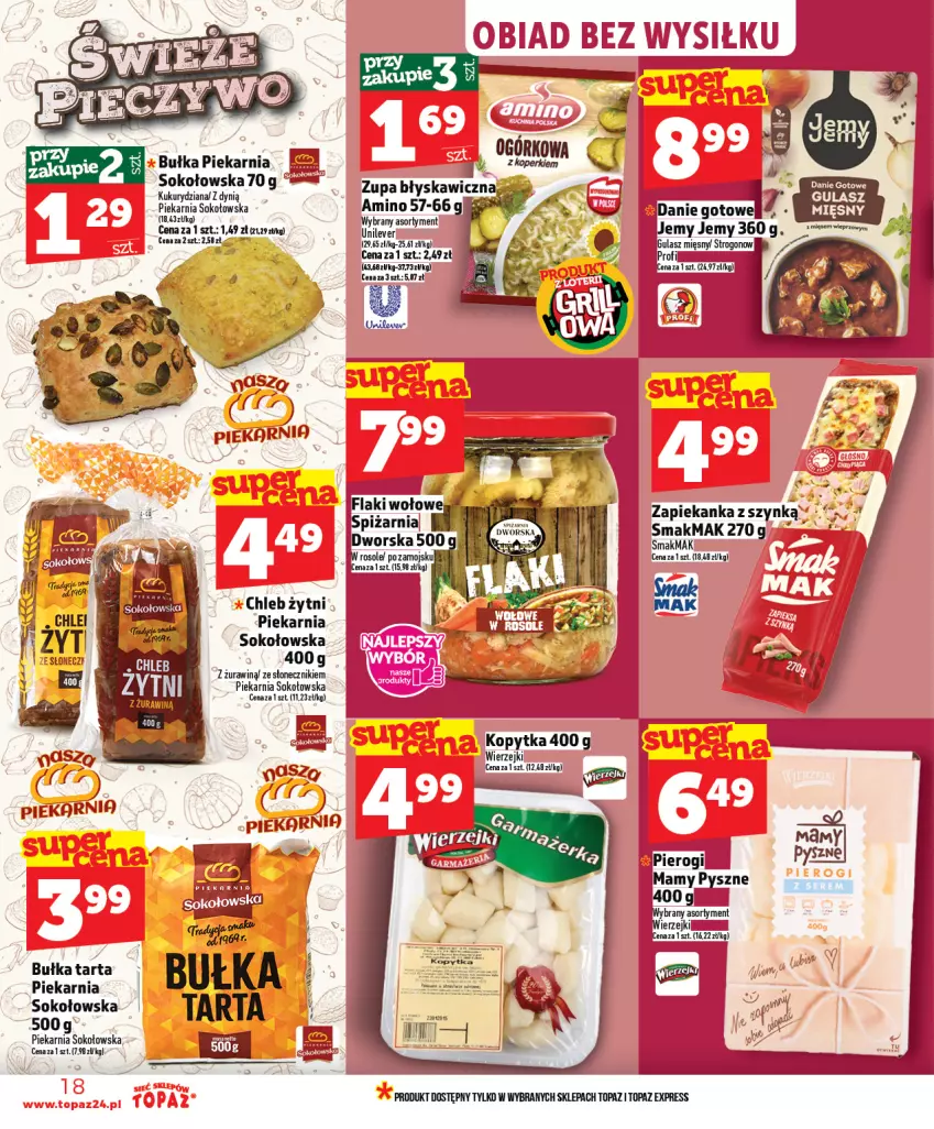 Gazetka promocyjna Topaz - Gazetka - ważna 16.04 do 22.04.2026 - strona 18 - produkty: Bułka, Bułka tarta, Chleb, Danie gotowe, Dynią, Kopytka, Pierogi, Sok, Tarta, Top, Zapiekanka