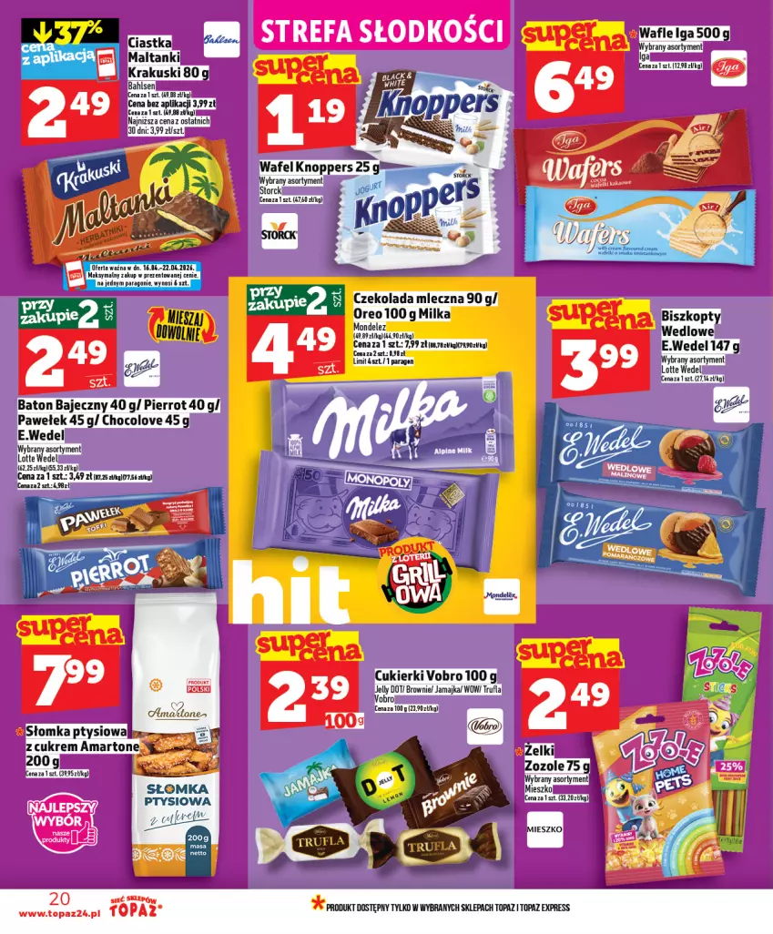 Gazetka promocyjna Topaz - Gazetka - ważna 16.04 do 22.04.2026 - strona 20 - produkty: Baton, Biszkopty, Brownie, Ciastka, Cukier, Cukierki, Knoppers, Krakus, Krakuski, Top, Wafle
