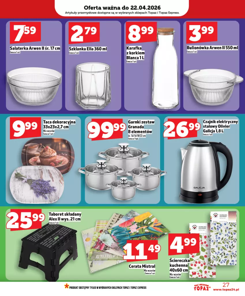 Gazetka promocyjna Topaz - Gazetka - ważna 16.04 do 22.04.2026 - strona 27 - produkty: Bulion, Czajnik, Czajnik elektryczny, Gra, Karafka, Lion, Salaterka, Szklanka, Taca, Top