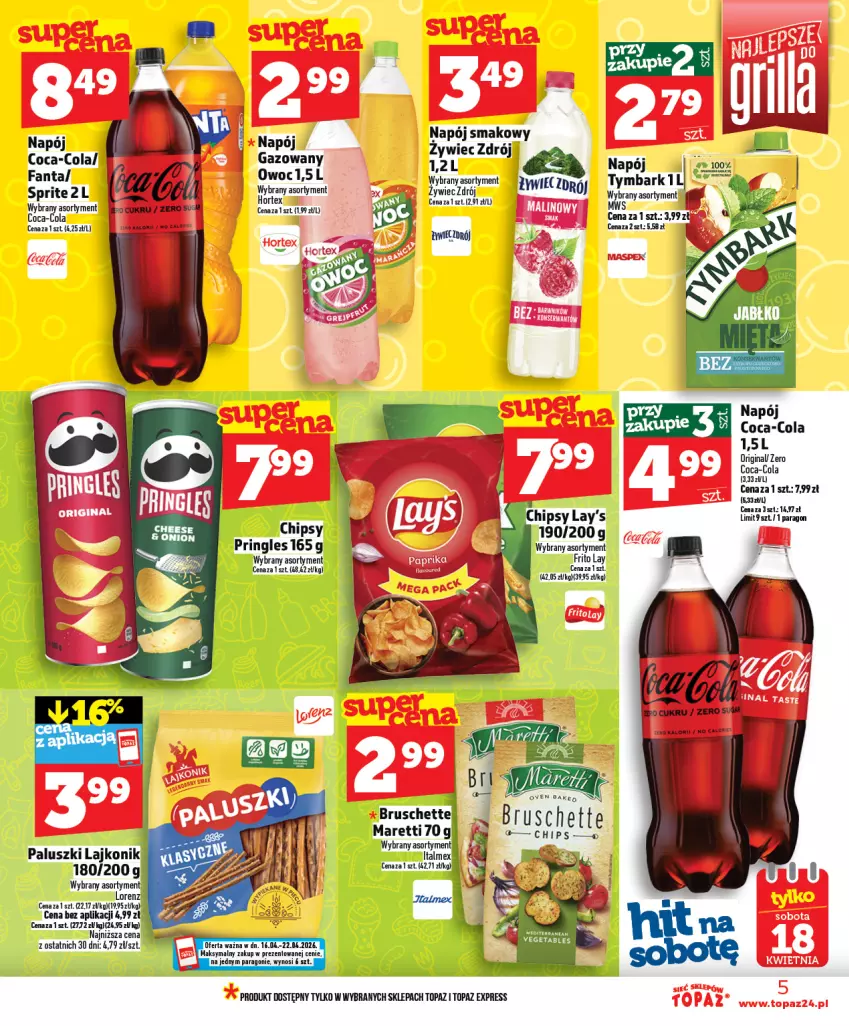 Gazetka promocyjna Topaz - Gazetka - ważna 16.04 do 22.04.2026 - strona 5 - produkty: Chipsy, Coca-Cola, Fa, Fanta, Gin, Hortex, Lajkonik, Napój, Pringles, Sprite, Top, Tymbark