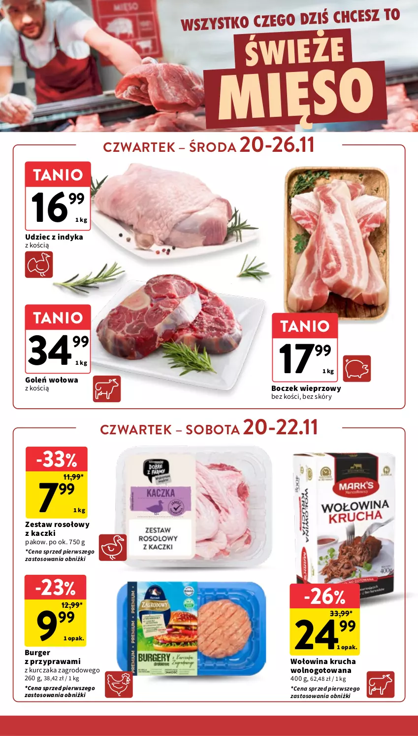 Gazetka promocyjna Intermarche - Gazetka Intermarche - ważna 20.11 do 26.11.2025 - strona 20 - produkty: Boczek, Boczek wieprzowy, Burger, Kurczak, Mięso, Udziec z indyka, Wołowina, Zestaw rosołowy z kaczki