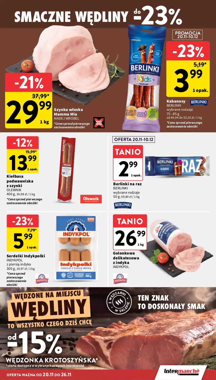Gazetka promocyjna Intermarche - Gazetka Intermarche - ważna 20.11 do 26.11.2025 - strona 23 - produkty: Berlinki, Kabanos, Kiełbasa, Kiełbasa podwawelska, Madej Wróbel, Olewnik, Ser, Serdelki, Szynka, Wawel