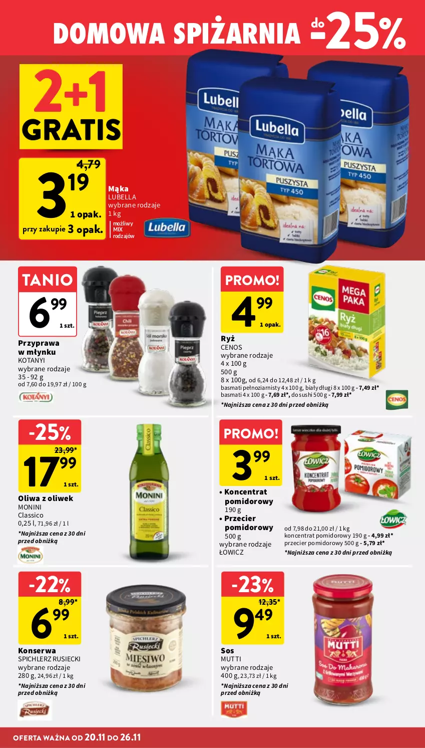 Gazetka promocyjna Intermarche - Gazetka Intermarche - ważna 20.11 do 26.11.2025 - strona 30 - produkty: Bell, Bella, Cenos, Gra, Koncentrat pomidorowy, Lubella, Mąka, Monini, Oliwa z oliwek, Ryż, Ser, Sos, Spichlerz Rusiecki, Sushi