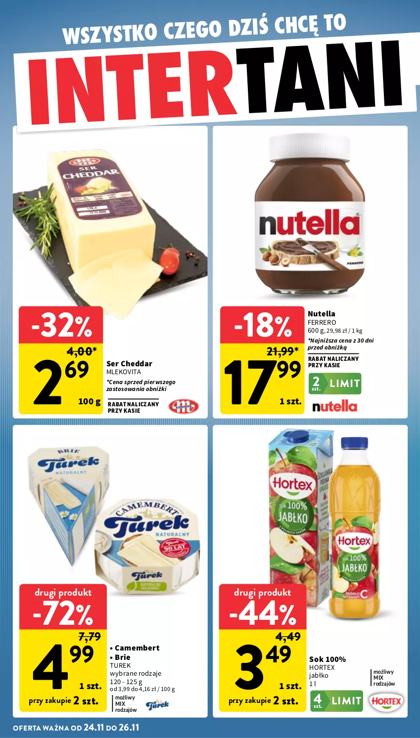 Gazetka promocyjna Intermarche - Gazetka Intermarche - ważna 20.11 do 26.11.2025 - strona 38 - produkty: Brie, Camembert, Cheddar, Ferrero, Hortex, Mleko, Mlekovita, Nutella, Ser, Sok