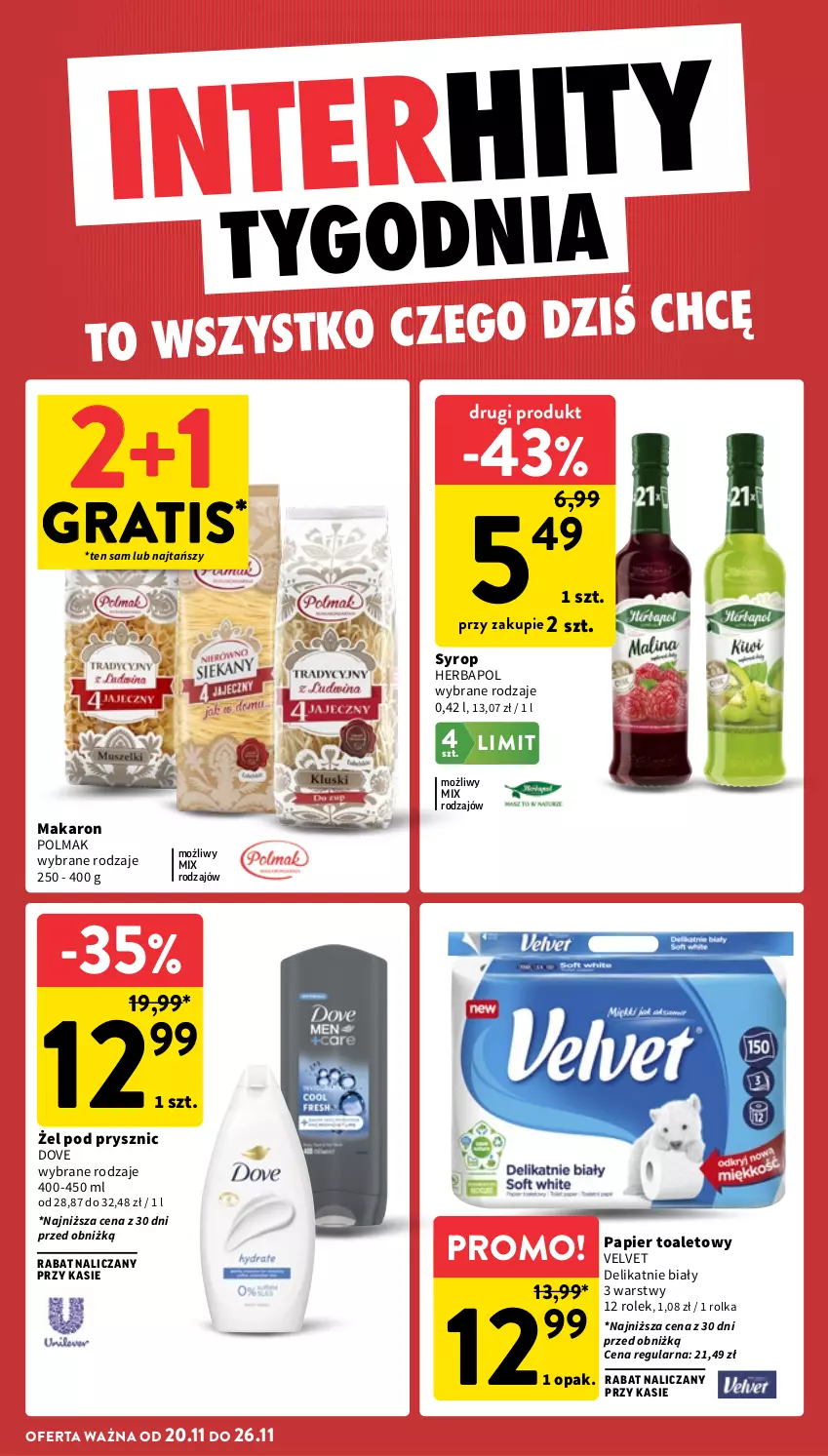 Gazetka promocyjna Intermarche - Gazetka Intermarche - ważna 20.11 do 26.11.2025 - strona 6 - produkty: Dove, Gra, Herbapol, Makaron, Olma, Papier, Papier toaletowy, Syrop, Velvet