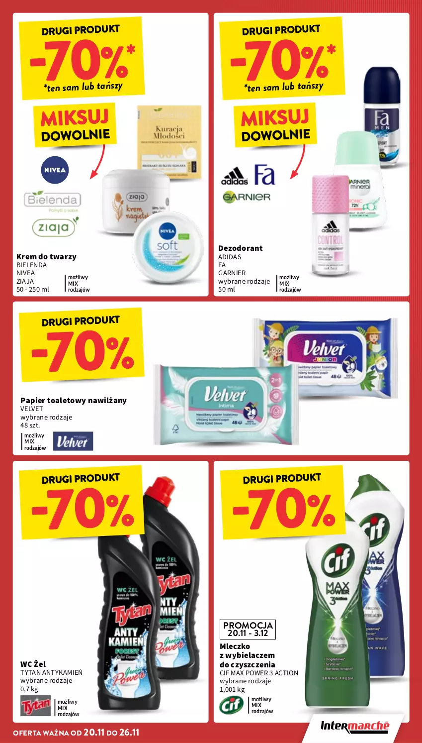 Gazetka promocyjna Intermarche - Gazetka Intermarche - ważna 20.11 do 26.11.2025 - strona 7 - produkty: Adidas, Bielenda, Cif, Dezodorant, Fa, Garnier, Krem do twarzy, Mleczko, Nivea, Papier, Papier toaletowy, Tytan, Velvet, Ziaja