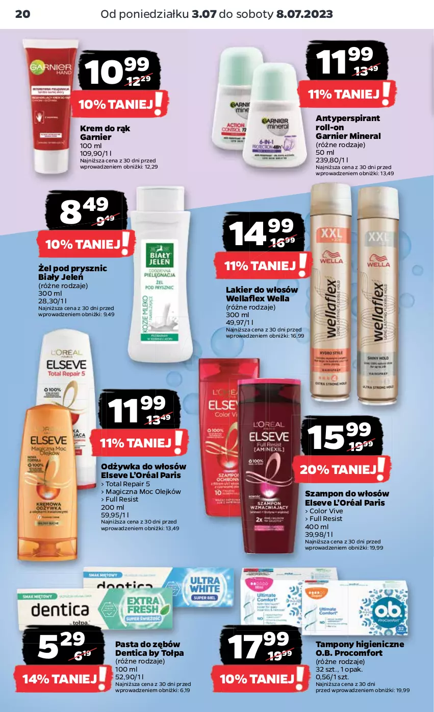 Gazetka promocyjna Netto - Artykuły spożywcze - ważna 03.07 do 08.07.2023 - strona 20 - produkty: Antyperspirant, Biały Jeleń, Elseve, Garnier, Krem do rąk, L’Oréal, Lakier, Lakier do włosów, O.B., Odżywka, Olej, Pasta do zębów, Szampon, Tampony, Tołpa, Wella, Wellaflex