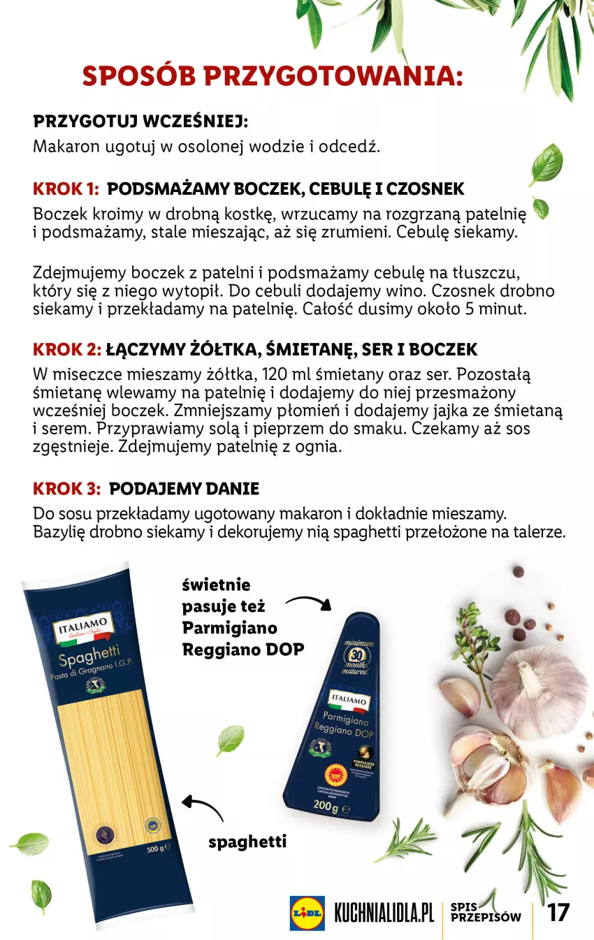 Gazetka promocyjna Lidl - KATALOG ITALIAMO - ważna 06.02 do 11.02.2023 - strona 17 - produkty: Bazyl, Boczek, Czosnek, Makaron, Pieprz, Rum, Ser, Sos, Spaghetti, Talerz, Top, Wino