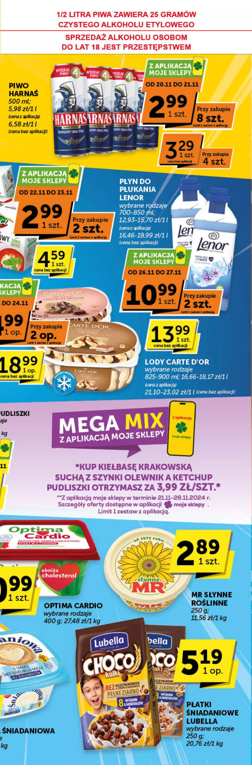 Gazetka promocyjna ABC - ważna 14.11 do 26.11.2024 - strona 11 - produkty: Bell, Bella, Carte d'Or, Danio, Gra, Harnaś, Ketchup, Lenor, Lody, Lubella, Olewnik, Optima, Optima Cardio, Piwa, Piwo, Pudliszki, Słynne