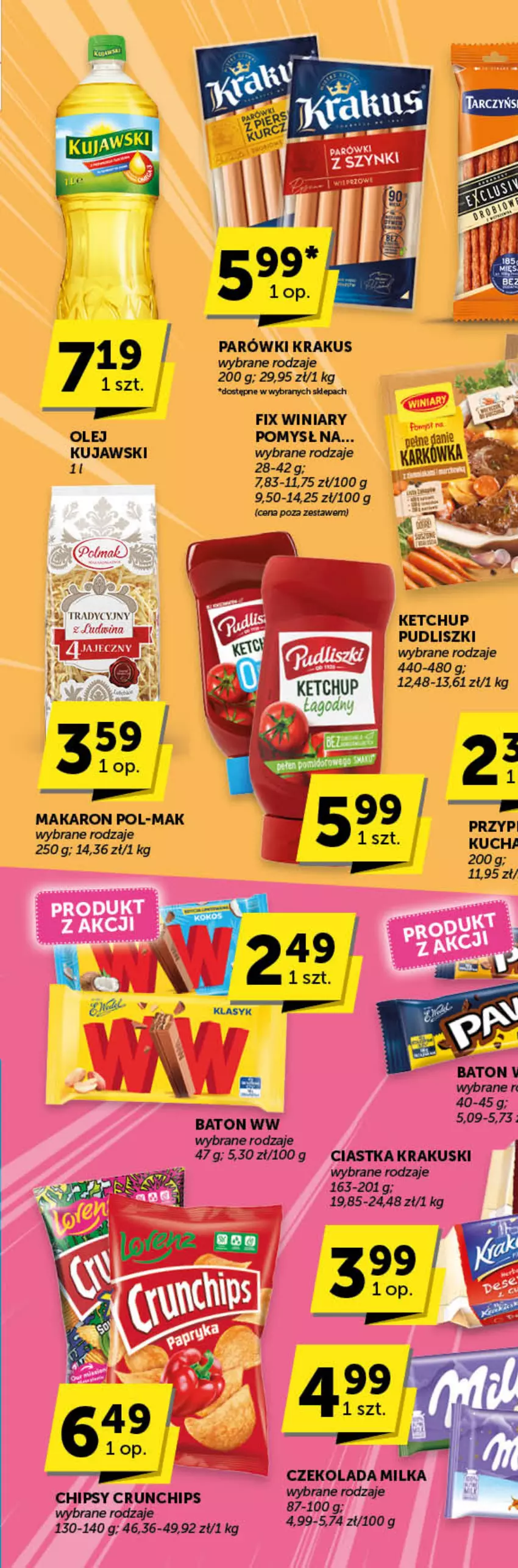 Gazetka promocyjna ABC - ważna 14.11 do 26.11.2024 - strona 12 - produkty: Baton, Chipsy, Ciastka, Crunchips, Czekolada, Fa, Ketchup, Krakus, Krakuski, Kujawski, Makaron, Milka, Olej, Parówki, Pudliszki, Winiary