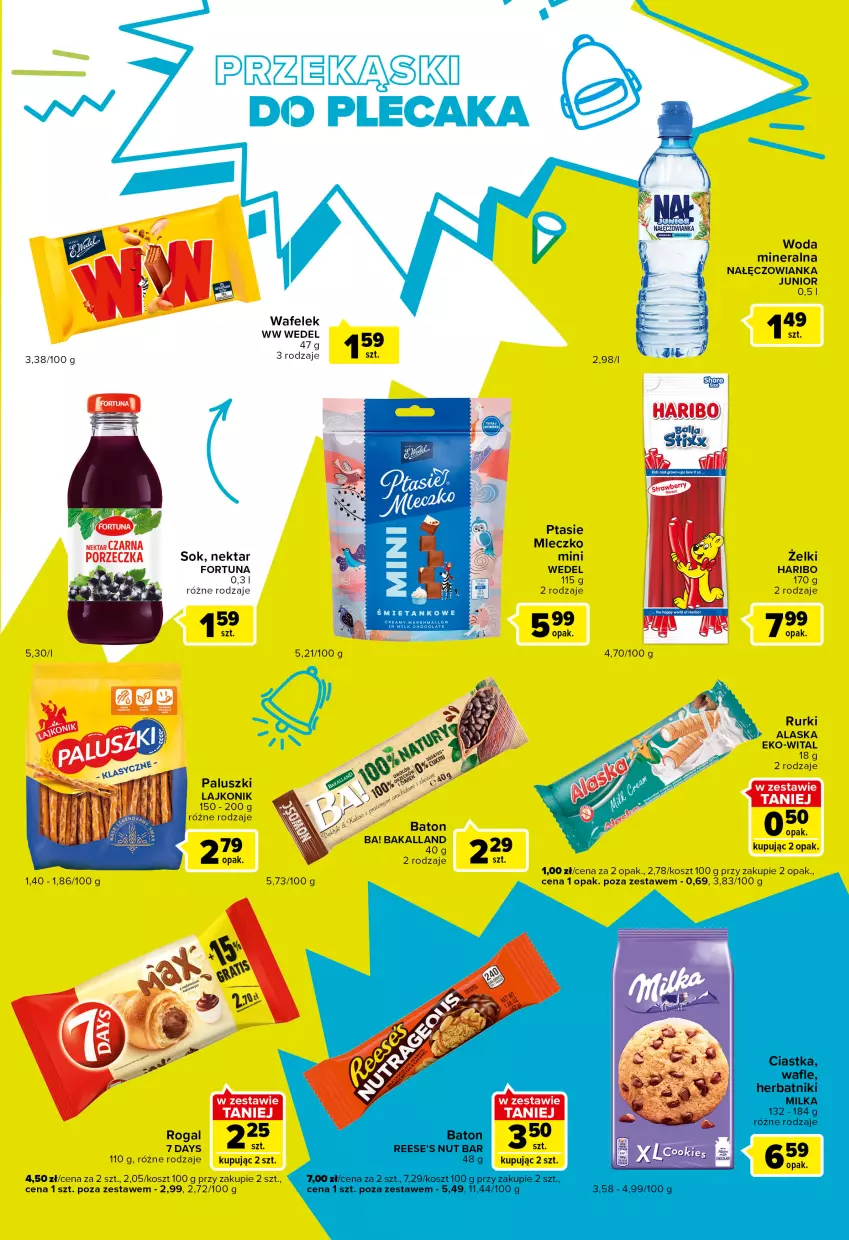 Gazetka promocyjna Carrefour - Gazetka Express - ważna 30.08 do 05.09.2022 - strona 4 - produkty: 7 Days, Ba!, Bakalland, Baton, Fortuna, Haribo, Kosz, Lajkonik, Mleczko, Nałęczowianka, Nektar, Plecak, Por, Rogal, Rurki, Sok, Wafelek, Woda, Woda mineralna