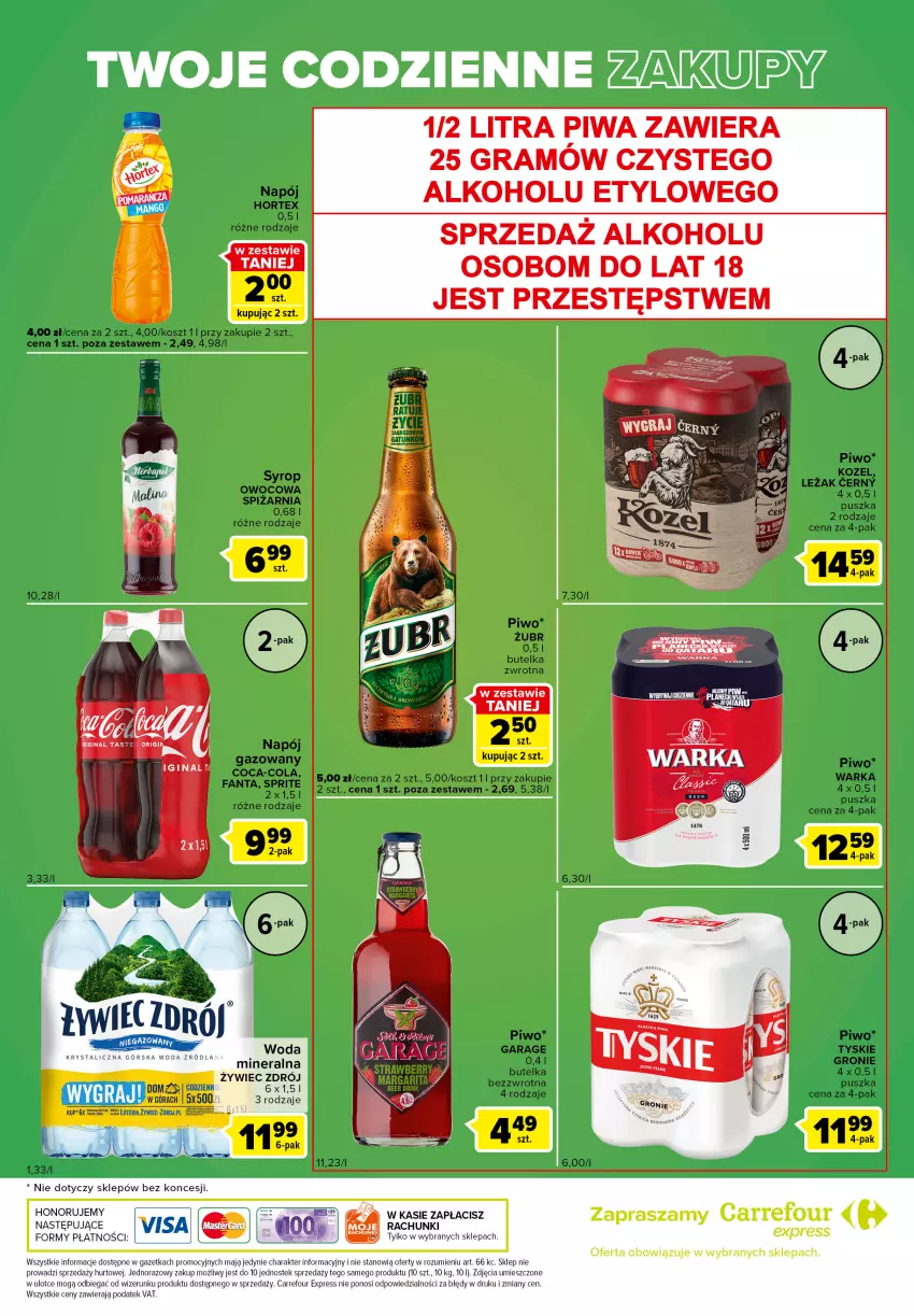 Gazetka promocyjna Carrefour - Gazetka Express - ważna 30.08 do 05.09.2022 - strona 6 - produkty: Fa, Fanta, Gin, Gra, Hortex, Kosz, Kozel, Napój, Piwa, Piwo, Sprite, Stek, Syrop, Tyskie, Warka, Woda