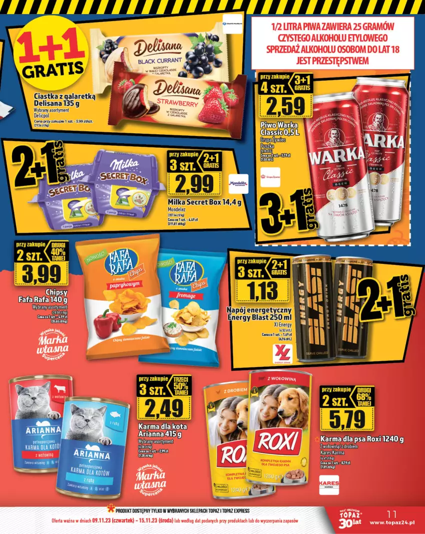 Gazetka promocyjna Topaz - Gazetka - ważna 09.11 do 15.11.2023 - strona 11 - produkty: Ciastka, Gala, Isana, Lack, Milka, Napój, Napój energetyczny, Top