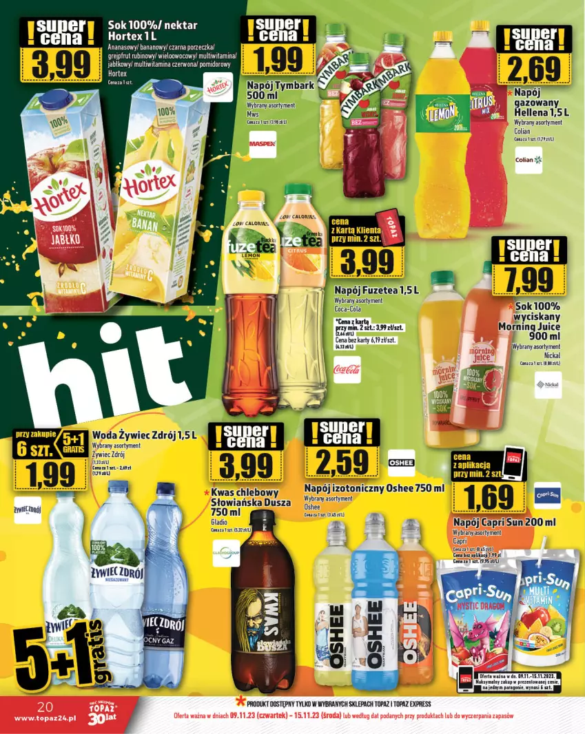 Gazetka promocyjna Topaz - Gazetka - ważna 09.11 do 15.11.2023 - strona 20 - produkty: Chleb, Grejpfrut, Hellena, Napój, Nektar, Oshee, Por, Rubin, Sok, Top, Tymbark, Woda