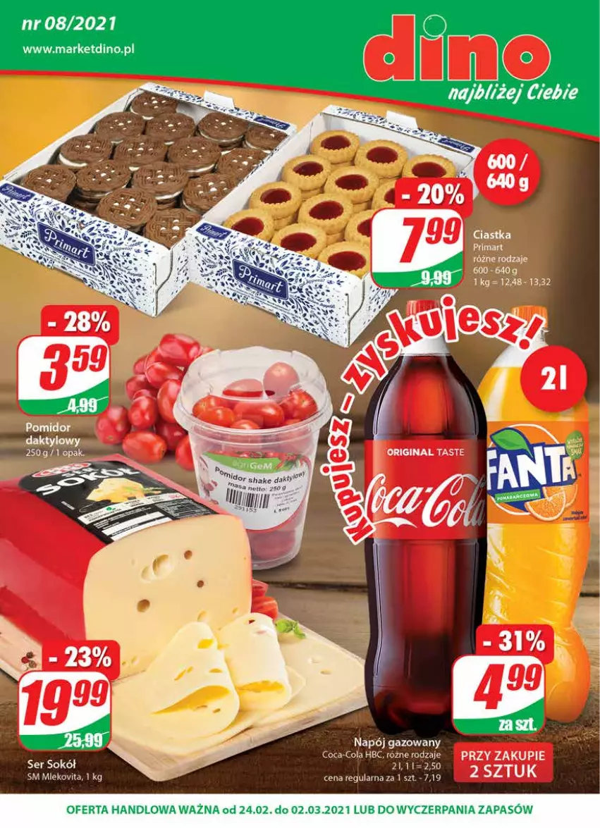 Gazetka promocyjna Dino - Gazetka - ważna 24.02 do 02.03.2021 - strona 1 - produkty: Coca-Cola, Gin, JBL, Napój, Napój gazowany, Ser, Sok, Sokół