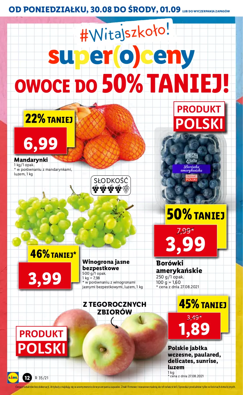 Gazetka promocyjna Lidl - GAZETKA - ważna 30.08 do 01.09.2021 - strona 12 - produkty: Jabłka, Mandarynki, Owoce, Por, Wino, Winogrona