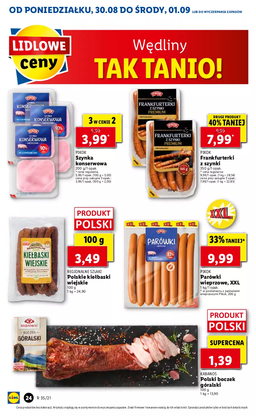 Gazetka promocyjna Lidl - GAZETKA - ważna 30.08 do 01.09.2021 - strona 24 - produkty: Boczek, Frankfurterki, Kabanos, Parówki, PIKOK, Por, Ser, Szynka, Szynka konserwowa