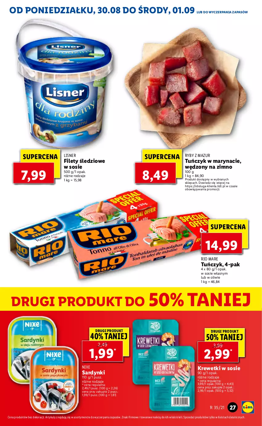 Gazetka promocyjna Lidl - GAZETKA - ważna 30.08 do 01.09.2021 - strona 27 - produkty: Krewetki, Lisner, Rio Mare, Sardynki, Sos, Tuńczyk