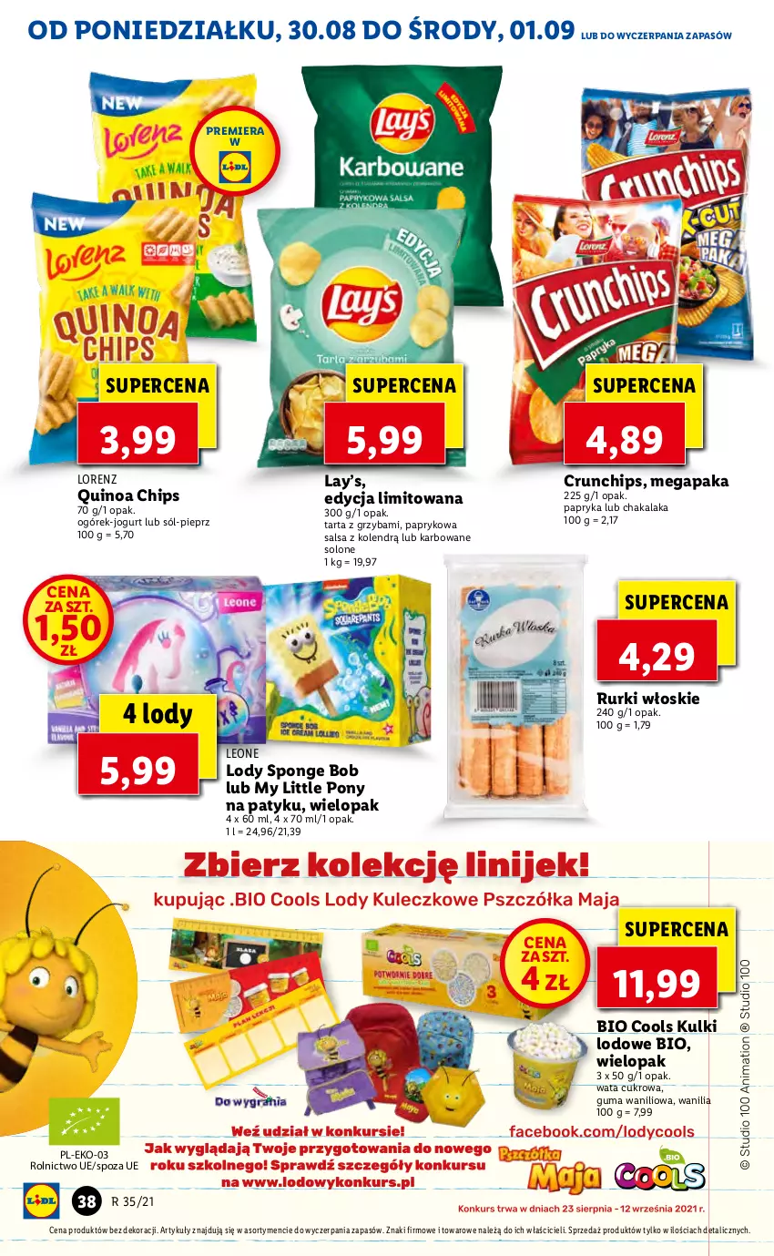 Gazetka promocyjna Lidl - GAZETKA - ważna 30.08 do 01.09.2021 - strona 38 - produkty: Crunchips, Jogurt, Lay’s, Leon, Lody, Lorenz, My Little Pony, Ogórek, Papryka, Pieprz, Quinoa, Rurki, Salsa, Sól, Tarta, Wata cukrowa