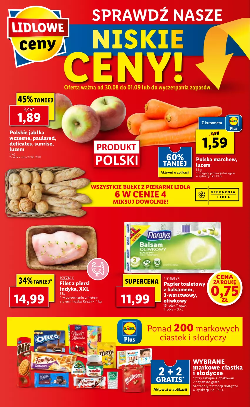 Gazetka promocyjna Lidl - GAZETKA - ważna 30.08 do 01.09.2021 - strona 50 - produkty: Ciastka, Filet z piersi indyka, Flora, Gra, Jabłka, Papier, Papier toaletowy, Por, Stek