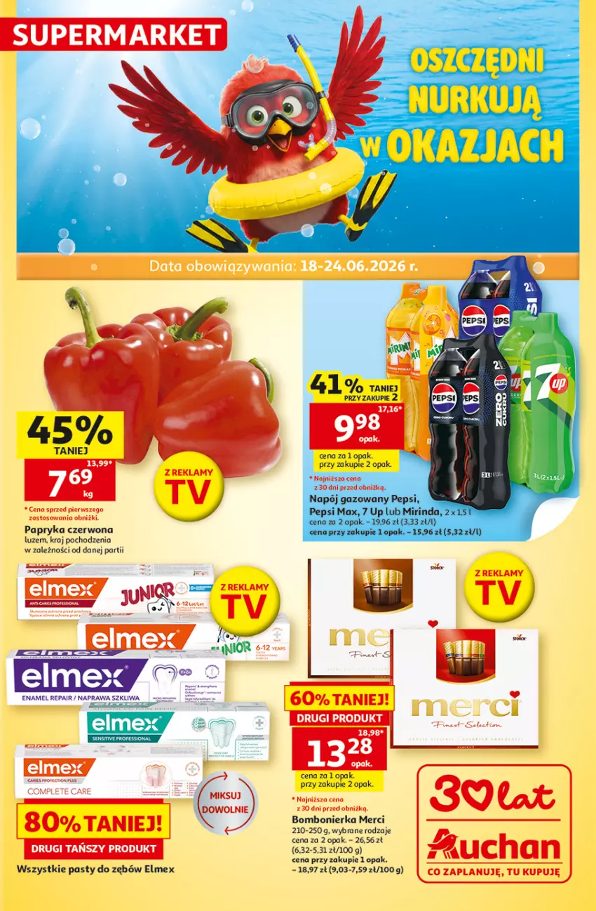 Gazetka promocyjna Auchan - Gazetka 30 Lat Supermarket Auchan - ważna 18.06 do 24.06.2026 - strona 1 - produkty: Elmex, Merci, Mirinda, Napój, Napój gazowany, Papryka, Papryka czerwona, Pepsi, Pepsi max