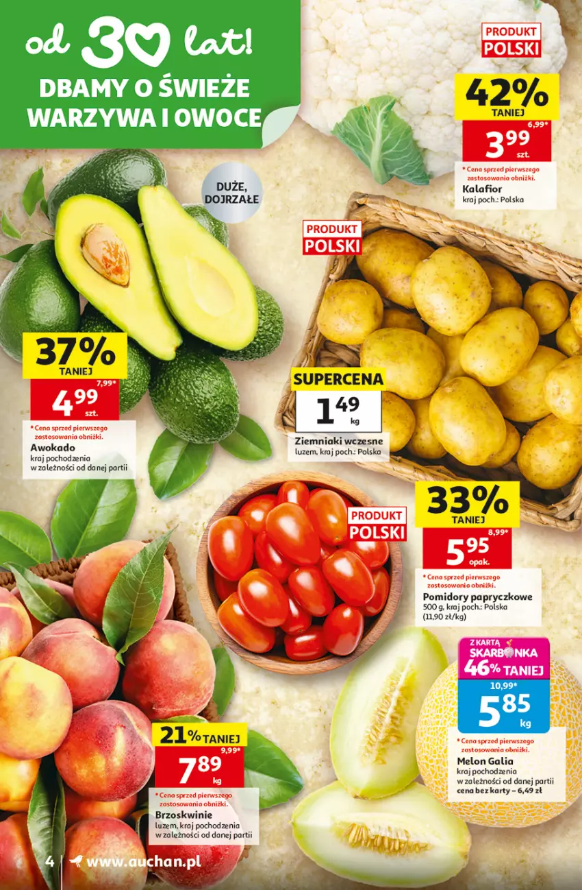 Gazetka promocyjna Auchan - Gazetka 30 Lat Supermarket Auchan - ważna 18.06 do 24.06.2026 - strona 4 - produkty: Brzoskwinie, Fa, Melon, Owoce, Pomidory, Warzywa, Warzywa i owoce, Ziemniaki