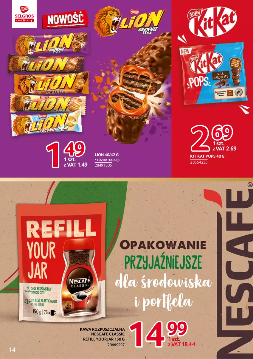 Gazetka promocyjna Selgros - Katalog Markowe Produkty - ważna 20.04 do 02.05.2023 - strona 14 - produkty: Kawa, Kawa rozpuszczalna, Kit Kat, Lion, Nescafé