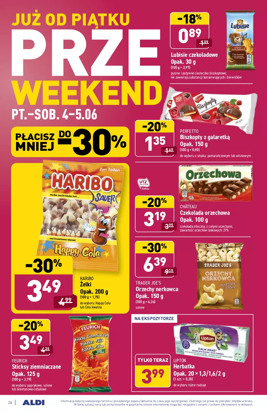 Gazetka promocyjna Aldi - ważna 31.05 do 05.06.2021 - strona 24 - produkty: Biszkopty, Czekolada, Czekolada mleczna, Czekolada orzechowa, Gala, Haribo, Lipton, Lubisie, Ser, Tera