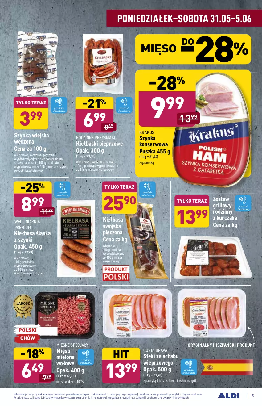 Gazetka promocyjna Aldi - ważna 31.05 do 05.06.2021 - strona 5 - produkty: Gala, Gin, Grill, Kiełbasa, Kiełbasa śląska, Kiełbaski pieprzowe, Krakus, Kurczak, Mięsne specjały, Mięso, Mięso mielone, Mięso wołowe, Piec, Pieprz, Przysmaki, Ser, Stek, Szynka, Szynka konserwowa, Tera