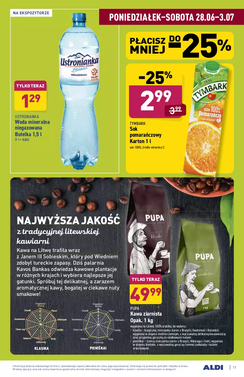 Gazetka promocyjna Aldi - ważna 28.06 do 03.07.2021 - strona 11 - produkty: Kawa, Kawa ziarnista, LANA, Nuty, Pupa, Sok, Sok pomarańczowy, Tera, Top, Tymbark, Woda, Woda mineralna