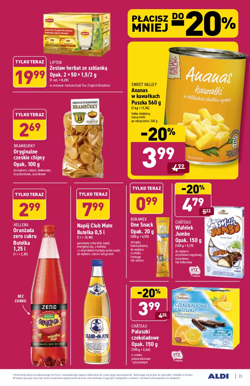 Gazetka promocyjna Aldi - ważna 28.06 do 03.07.2021 - strona 23 - produkty: Ananas, Beko, Chipsy, Fa, Gin, Gra, Granat, Hellena, Herbata, Kawa, Kokos, Lipton, Mus, Napój, Napój energetyczny, Oranżada, Tera, Wafelek