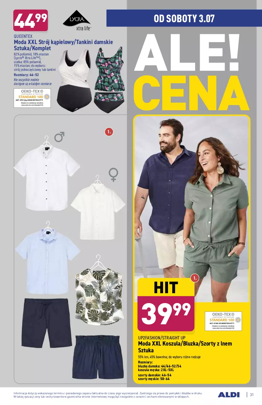 Gazetka promocyjna Aldi - ważna 28.06 do 03.07.2021 - strona 31 - produkty: Fa, Kosz, Koszula, Moda, Queentex, Siatka, Strój kąpielowy, Szorty, Wełna