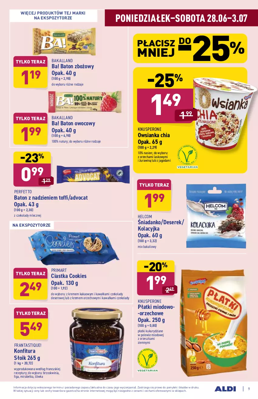 Gazetka promocyjna Aldi - ważna 28.06 do 03.07.2021 - strona 9 - produkty: Ba!, Bakalland, Baton, Chia, Ciastka, Deser, HELCOM, Kakao, Kawa, Konfitura, Owsianka, Prima, Ser, Serek, Tera