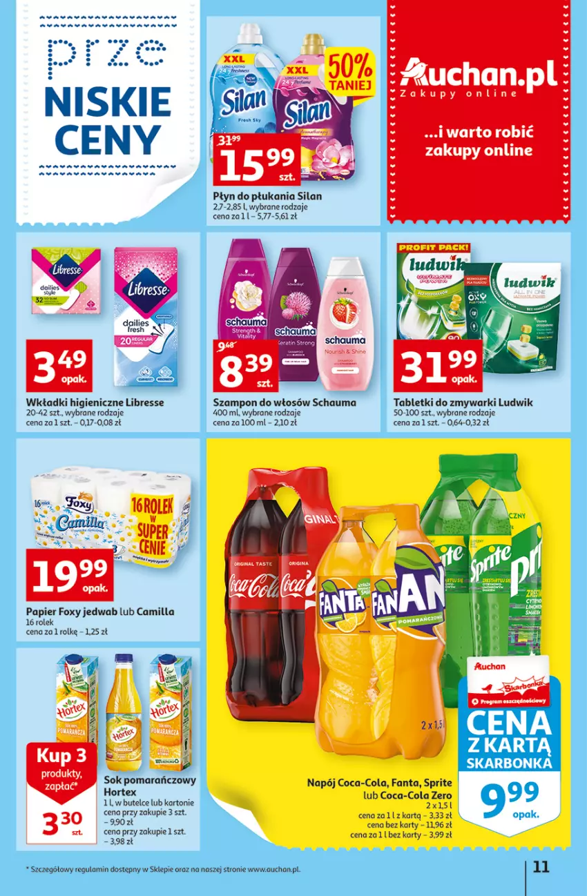 Gazetka promocyjna Auchan - Gazetka przeNISKIE CENY – przeWybór z MAXI PAKAMI Supermarkety - ważna 15.09 do 21.09.2022 - strona 11 - produkty: Coca-Cola, Fa, Fanta, Foxy, Gin, Hortex, Ludwik, Napój, Papier, Płyn do płukania, Schauma, Silan, Sok, Sok pomarańczowy, Sprite, Szampon, Tablet, Tabletki do zmywarki, Wkładki, Zmywarki