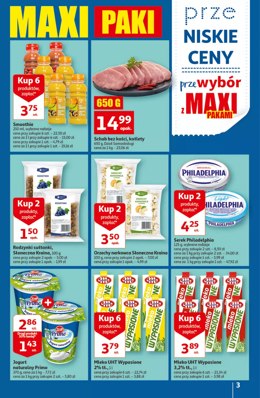 Gazetka promocyjna Auchan - Gazetka przeNISKIE CENY – przeWybór z MAXI PAKAMI Supermarkety - ważna 15.09 do 21.09.2022 - strona 3 - produkty: Gin, Jogurt, Jogurt naturalny, Kotlet, Mleko, Philadelphia, Rodzynki, Schab bez kości, Ser, Serek, Smoothie