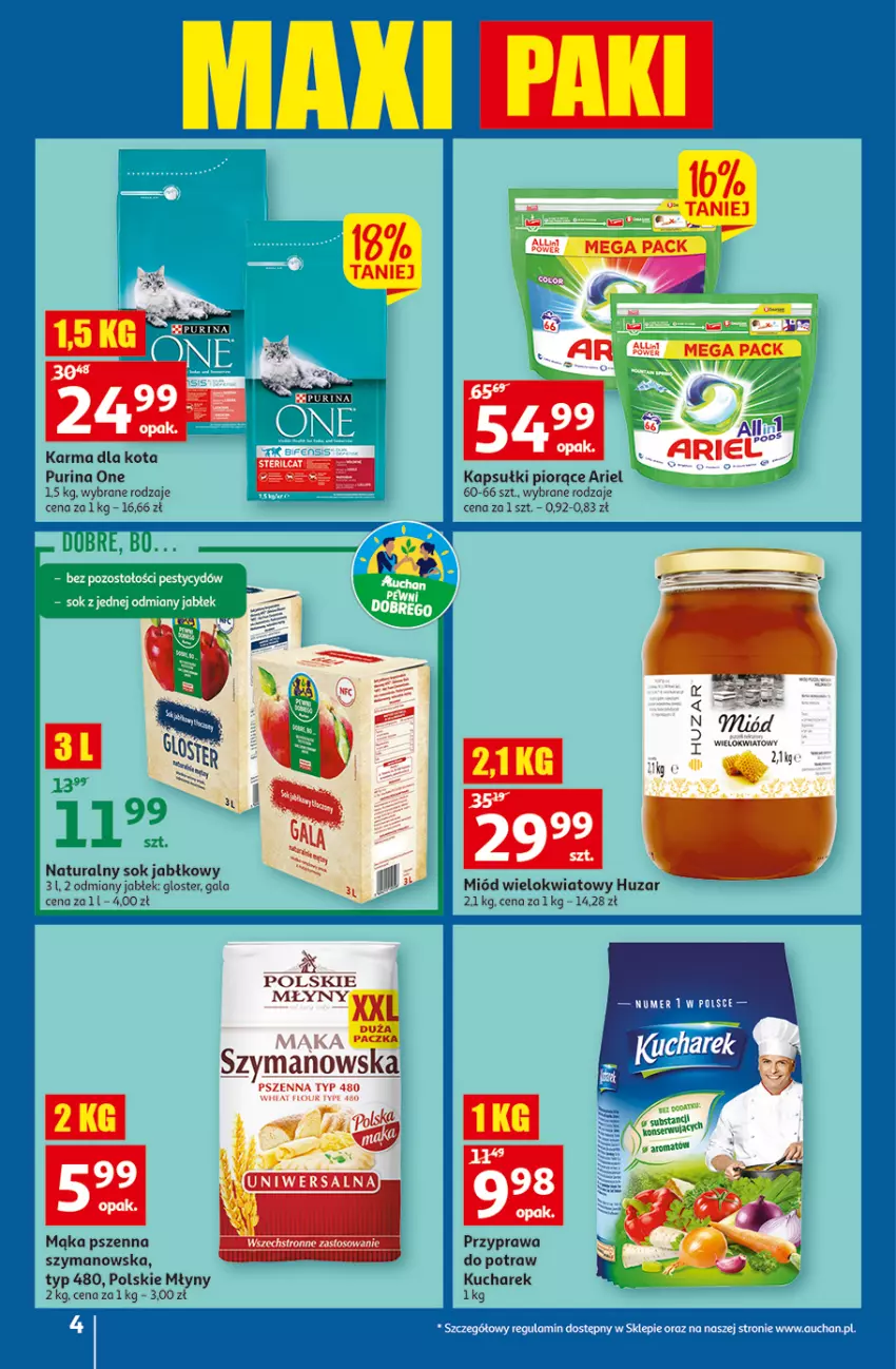 Gazetka promocyjna Auchan - Gazetka przeNISKIE CENY – przeWybór z MAXI PAKAMI Supermarkety - ważna 15.09 do 21.09.2022 - strona 4 - produkty: Ariel, Gala, Kucharek, Mąka, Mąka pszenna, Miód, Polskie Młyny, Pur, Purina, Sok, Sok jabłkowy