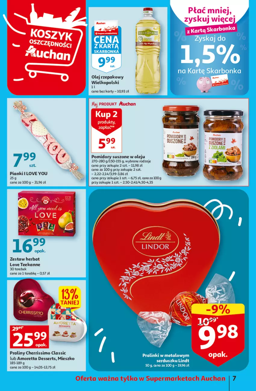 Gazetka promocyjna Auchan - Gazetka Koszyk Oszczędności Supermarket Auchan - ważna 09.02 do 15.02.2023 - strona 7 - produkty: Lindor, Olej, Olej rzepakowy, Pomidory, Praliny, Ser, Teekanne