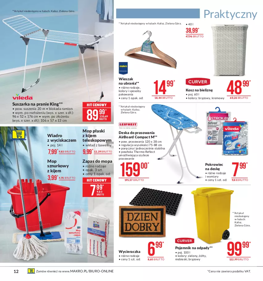 Gazetka promocyjna Makro - [Oferta promocyjna] Artykuły przemysłowe - ważna 07.01 do 25.01.2021 - strona 12 - produkty: Biuro, Deska do prasowania, Kije, Kosz, Kosz na bieliznę, Mop, Pojemnik, Pokrowiec, Pokrowiec na deskę, Por, Sok, Suszarka, Suszarka na pranie, Teleskop, Ubrania, Wiadro, Wiadro z wyciskaczem, Wieszak, Wycieraczka