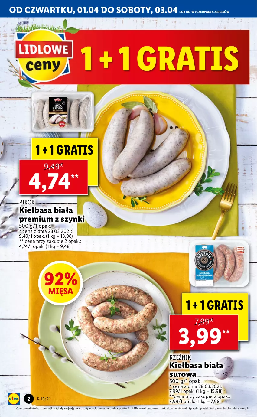 Gazetka promocyjna Lidl - GAZETKA - ważna 01.04 do 03.04.2021 - strona 2 - produkty: Gra, Kiełbasa, Kiełbasa biała, PIKOK