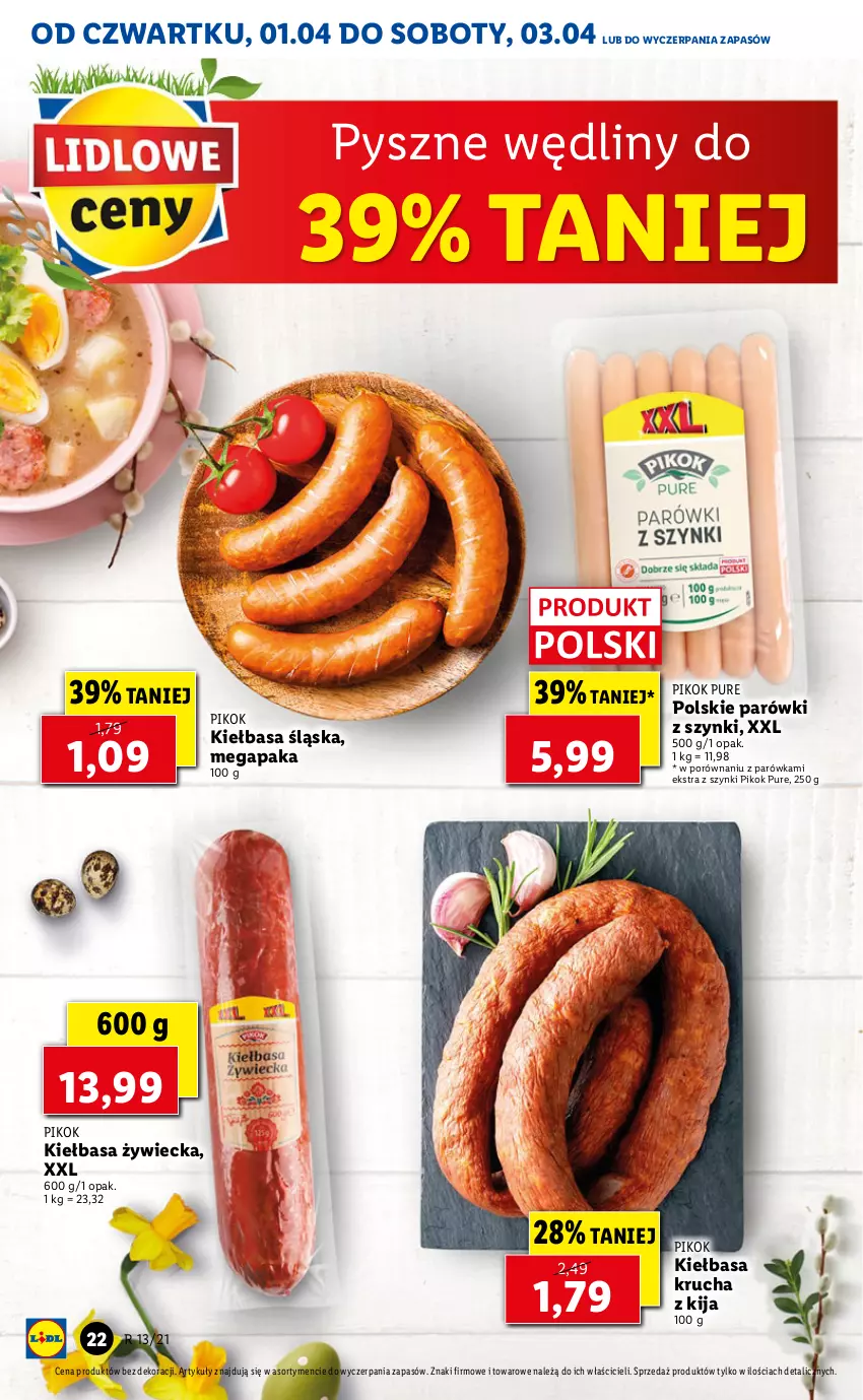 Gazetka promocyjna Lidl - GAZETKA - ważna 01.04 do 03.04.2021 - strona 22 - produkty: Kiełbasa, Kiełbasa krucha, Kiełbasa śląska, Parówki, Parówki z szynki, PIKOK, Por, Pur