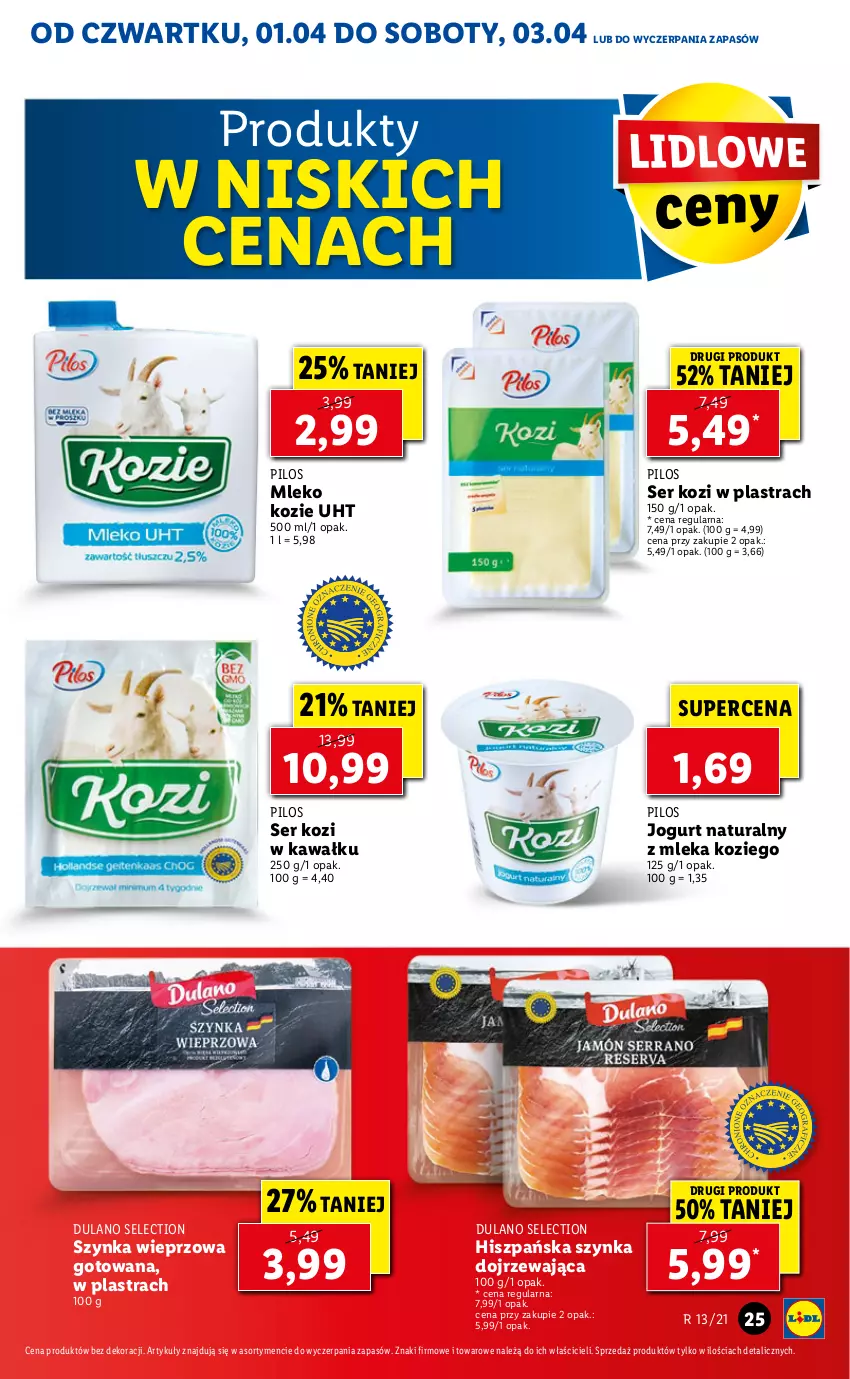 Gazetka promocyjna Lidl - GAZETKA - ważna 01.04 do 03.04.2021 - strona 25 - produkty: Dulano, Jogurt, Jogurt naturalny, Kawa, Mleko, Mleko kozie, Pilos, Ser, Ser kozi, Szynka, Szynka wieprzowa