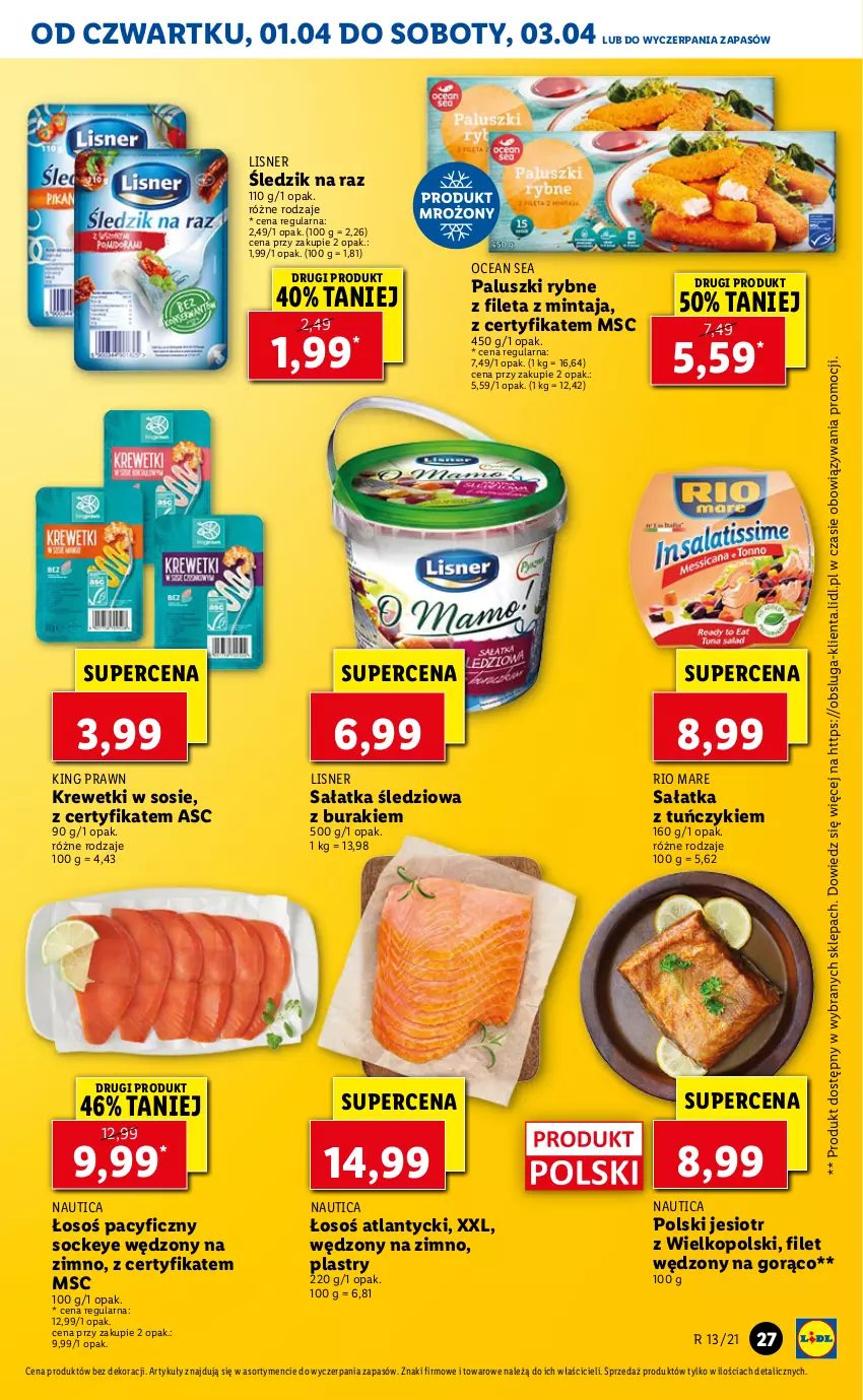 Gazetka promocyjna Lidl - GAZETKA - ważna 01.04 do 03.04.2021 - strona 27 - produkty: Buraki, Krewetki, Lisner, Mintaj, Paluszki rybne, Rio Mare, Sałat, Sałatka, Sos, Tuńczyk