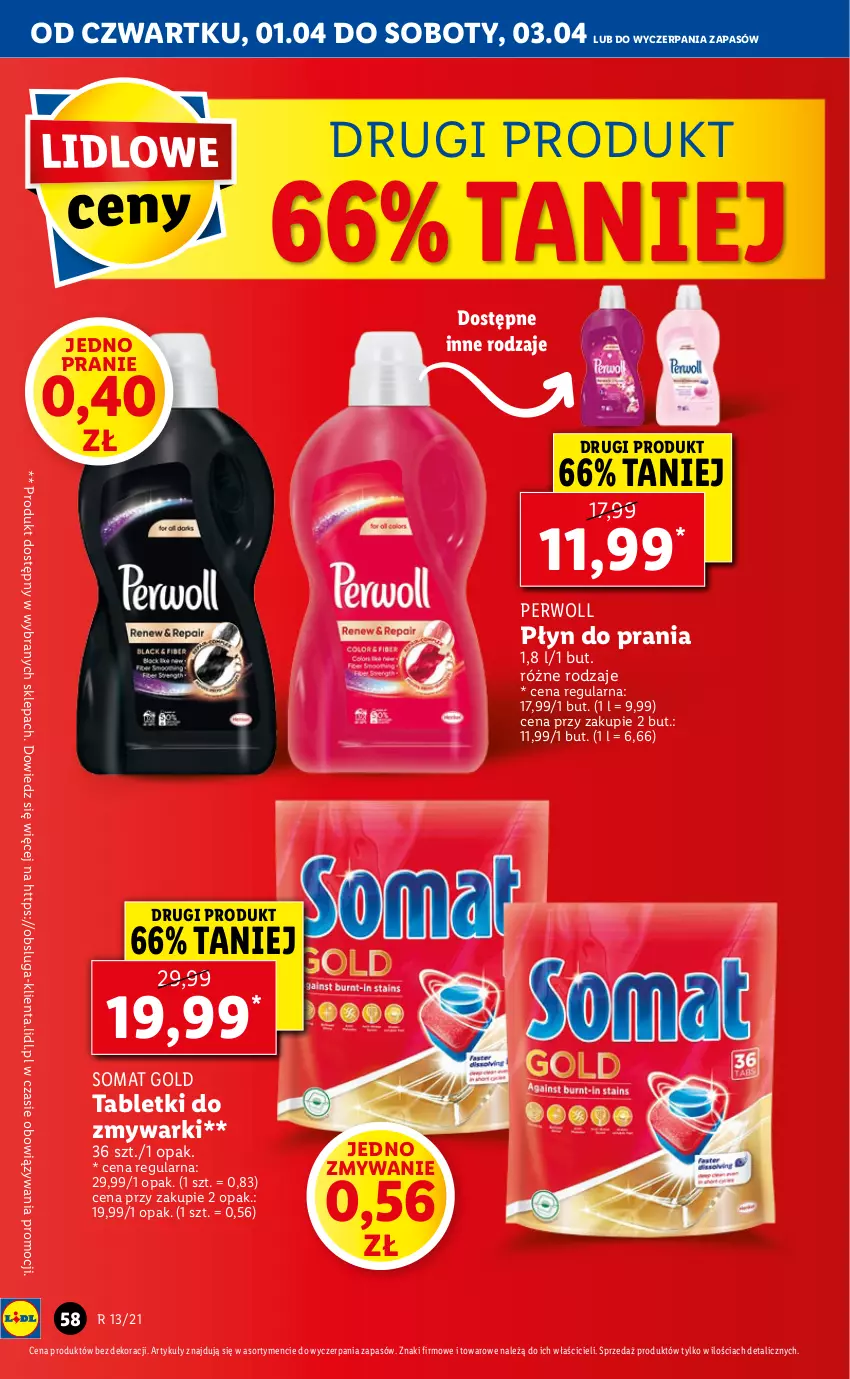 Gazetka promocyjna Lidl - GAZETKA - ważna 01.04 do 03.04.2021 - strona 58 - produkty: Perwoll, Płyn do prania, Somat, Somat gold, Tablet, Tabletki do zmywarki, Zmywarki