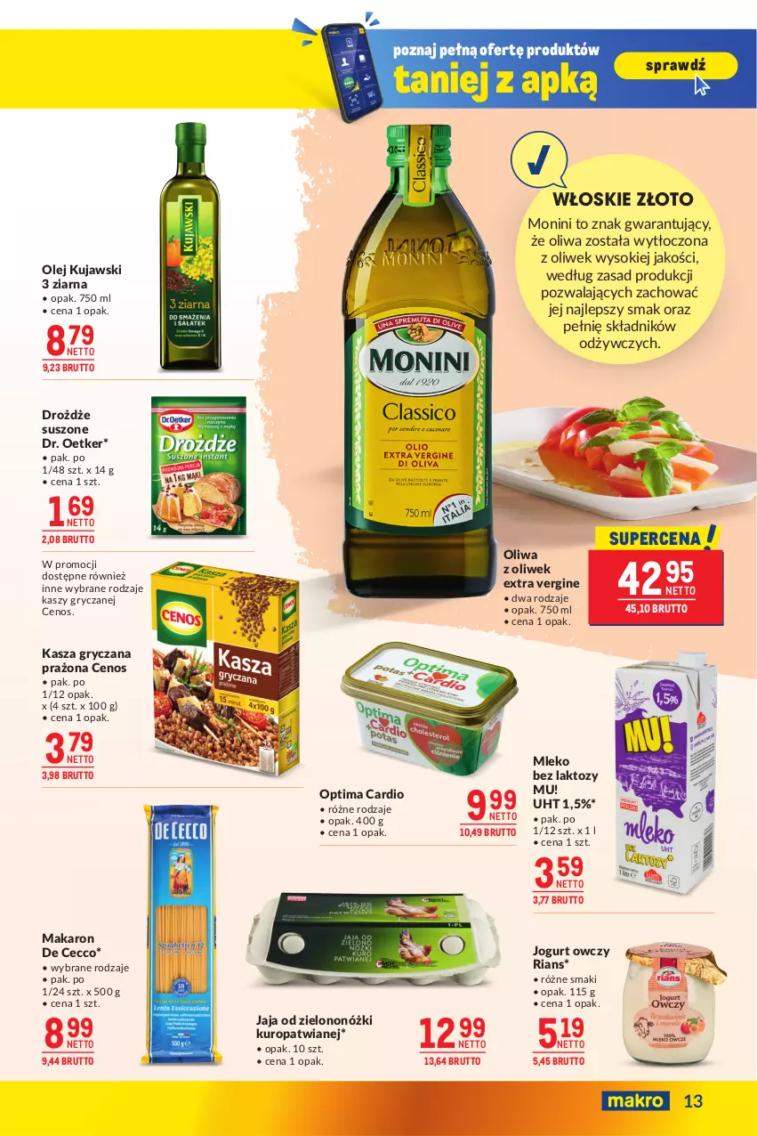 Gazetka promocyjna Makro - Oferta dla biura i domu - ważna 04.02 do 03.03.2025 - strona 13 - produkty: Cenos, Dr. Oetker, Drożdże, Gin, Gry, Jaja, Jogurt, Kasza, Kasza gryczana, Kujawski, Makaron, Mleko, Mleko bez laktozy, Monini, Olej, Oliwa z oliwek, Optima, Optima Cardio, Sok