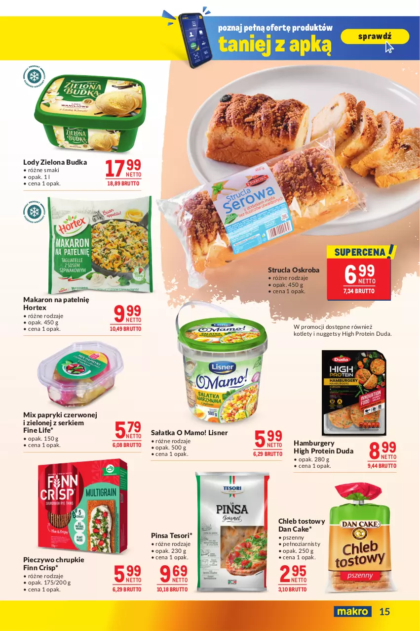 Gazetka promocyjna Makro - Oferta dla biura i domu - ważna 04.02 do 03.03.2025 - strona 15 - produkty: Burger, Chleb, Chleb tostowy, Chrupki, Dan Cake, Duda, Hamburger, Hortex, Kotlet, Lisner, Lody, Makaron, Piec, Pieczywo, Pieczywo chrupkie, Sałat, Sałatka, Ser, Strucla, Zielona Budka