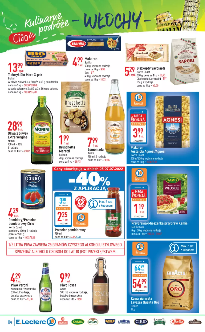 Gazetka promocyjna E Leclerc - ważna 05.07 do 16.07.2022 - strona 4 - produkty: Barilla, Biszkopty, Bruschette, Gin, Gra, Lemoniada, Makaron, Monini, Mus, Oliwa z oliwek, Piwa, Piwo, Pomidory, Rio Mare, Sos, Tuńczyk